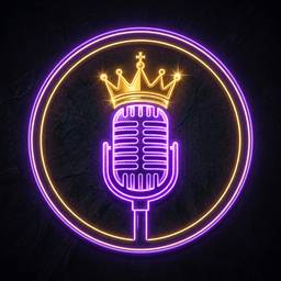 Golden Family — microfone vintage com coroa, logo neon roxo e dourado